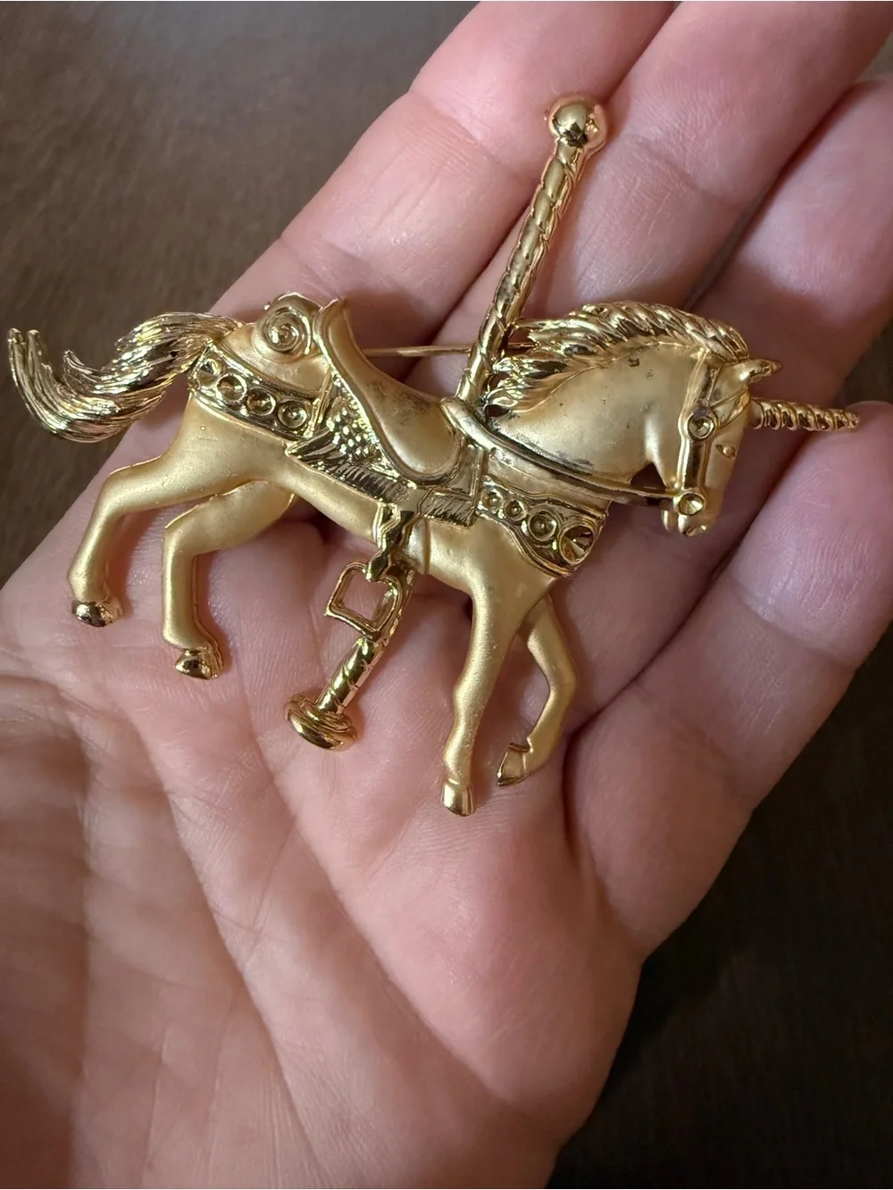 Vintage Unicorn Carousel Horse Pin Brooch Goldtone 2.5” X 3” Merry Go Round